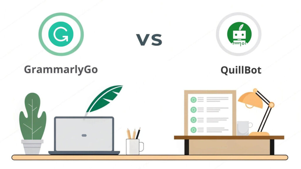 Interface comparison between GrammarlyGO and Quillbot showing writing suggestions and paraphrasing tools side by side