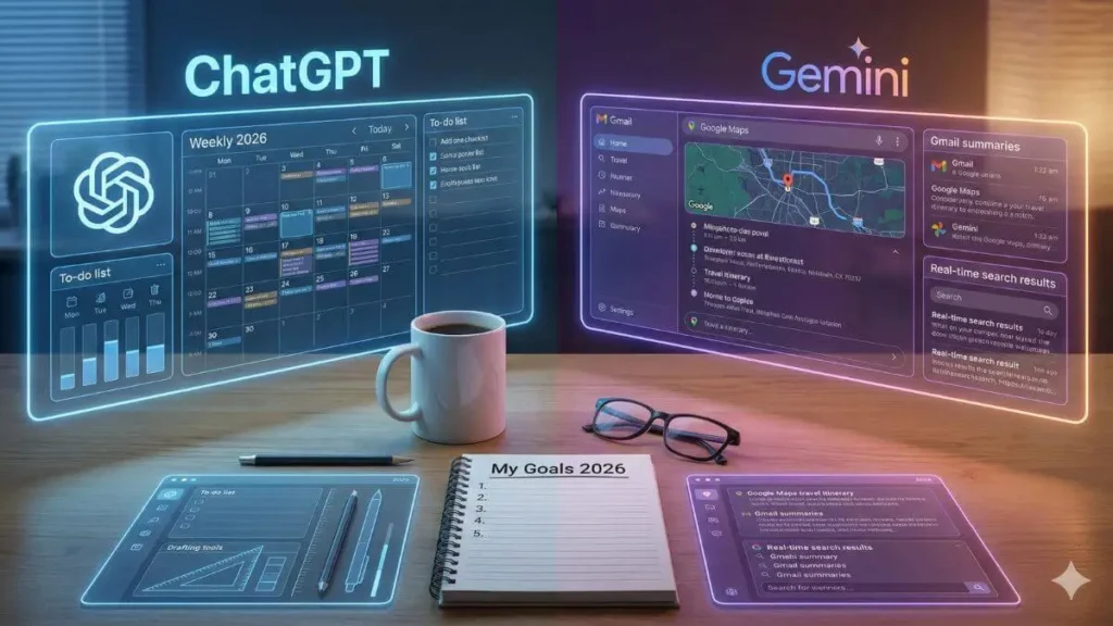 Futuristic digital illustration comparing ChatGPT vs Gemini for daily use,AI assistant holographic interfaces for daily use in a home office setting, showing features like weekly calendar, to-do list, Gmail, and Google Maps, with the year 2026 prominently displayed.