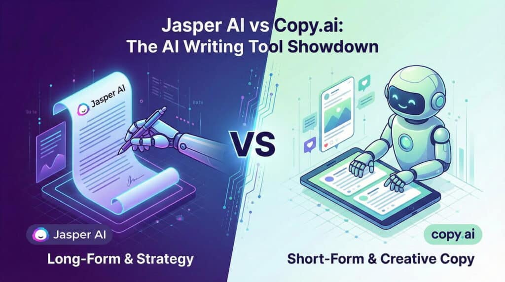 Illustration comparative montrant les forces de Jasper AI (contenu long et stratégie) face à Copy.ai (contenu court et créatif