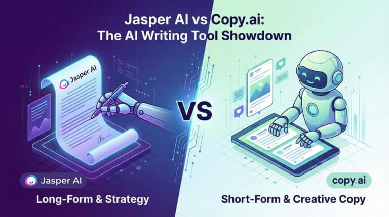Illustration comparative montrant les forces de Jasper AI (contenu long et stratégie) face à Copy.ai (contenu court et créatif