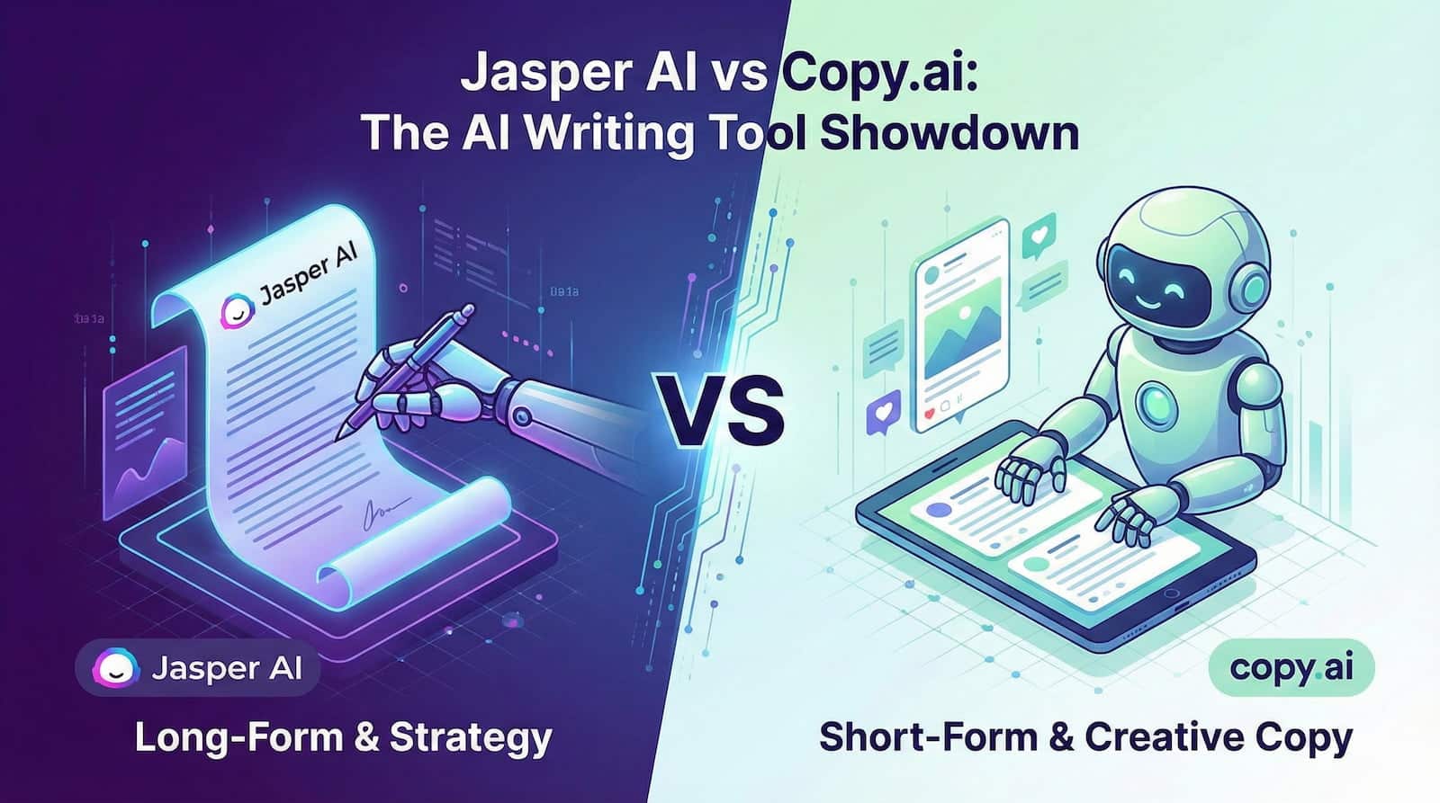 Illustration comparative montrant les forces de Jasper AI (contenu long et stratégie) face à Copy.ai (contenu court et créatif