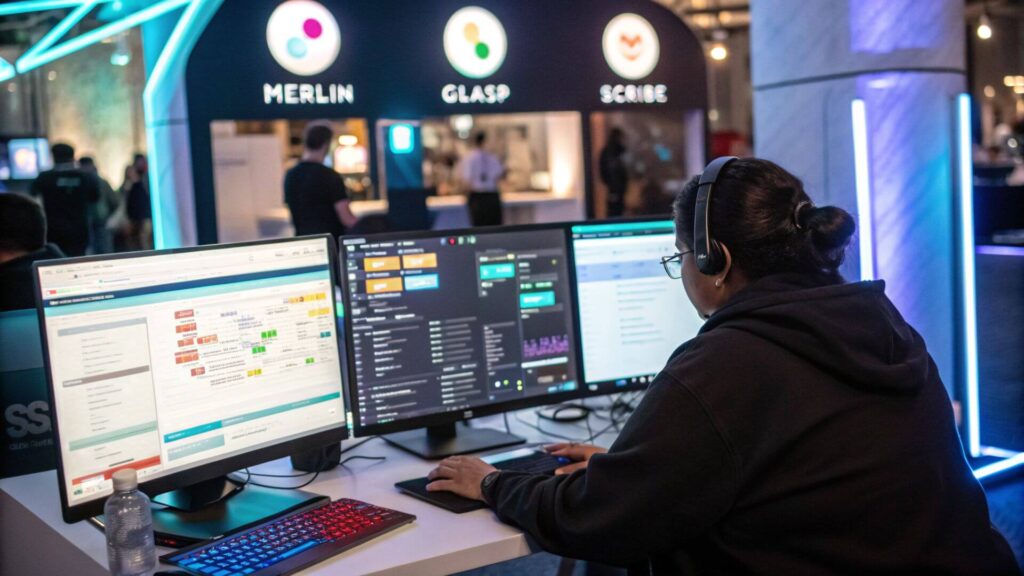 User testing AI Chrome extensions like Merlin, Glasp, and Scribe on multi-monitor setup at a tech conference