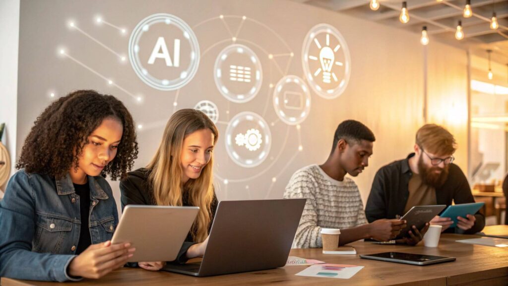 People using the best free AI tools for beginners in 2025 to boost creativity, learning, and productivity