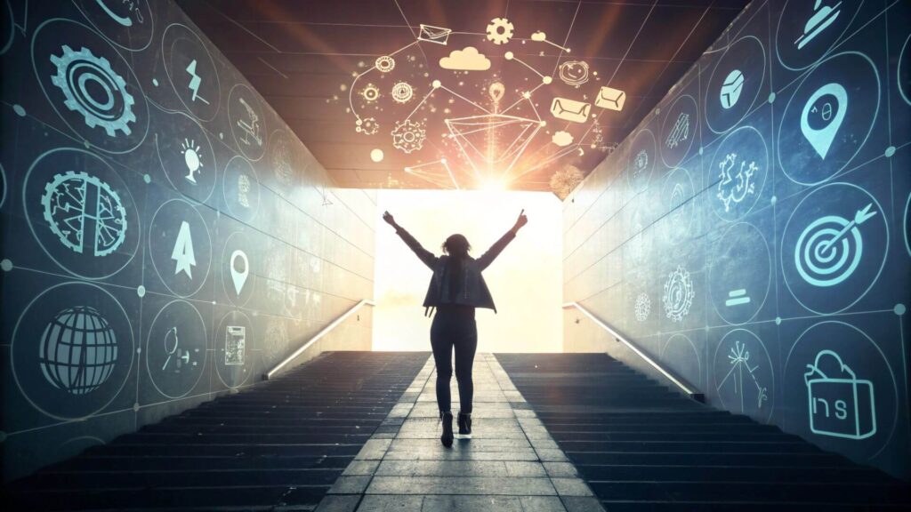 Person choosing between the best free AI tools for beginners for writing, research, and creative design