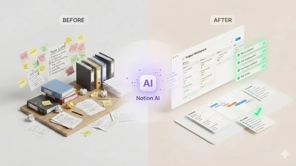 Before and after illustration showing the transformation of task management with Notion AI. The left side shows a cluttered desk with disorganized paper task lists and sticky notes. The center features a glowing Notion AI logo. The right side demonstrates a clean, organized digital project workspace in Notion AI To-do list with completed checklists and green checkmarks.