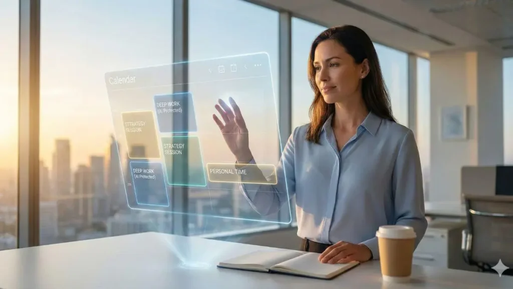 Professional using an AI-powered calendar to organize deep work, strategy sessions, and personal time in a modern office