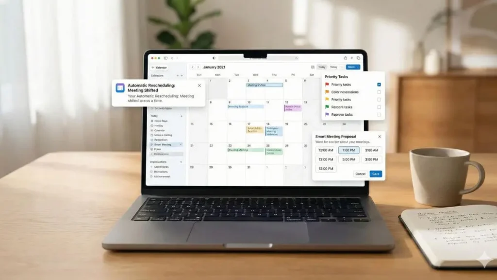 AI-powered calendar automatically rescheduling meetings and prioritizing tasks on a modern workspace desk
