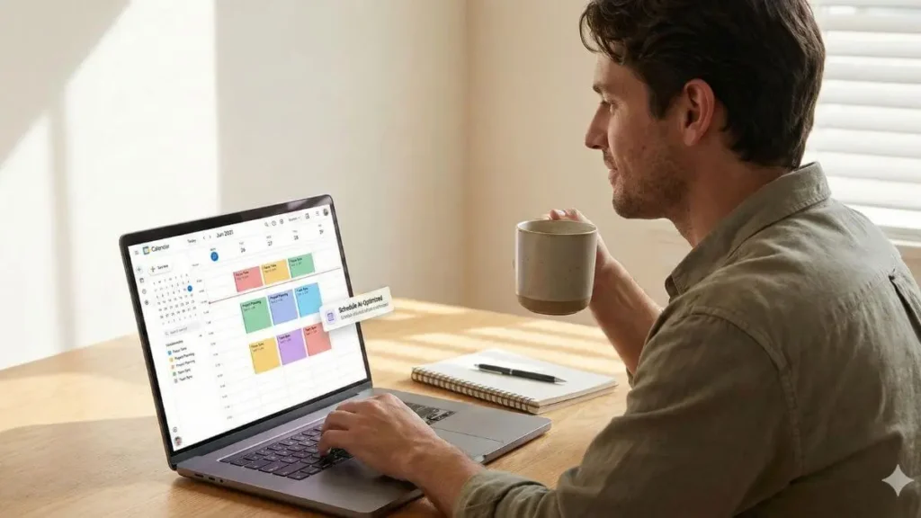 AI calendar interface showing time blocking and focus work on a laptop in a modern workspace

