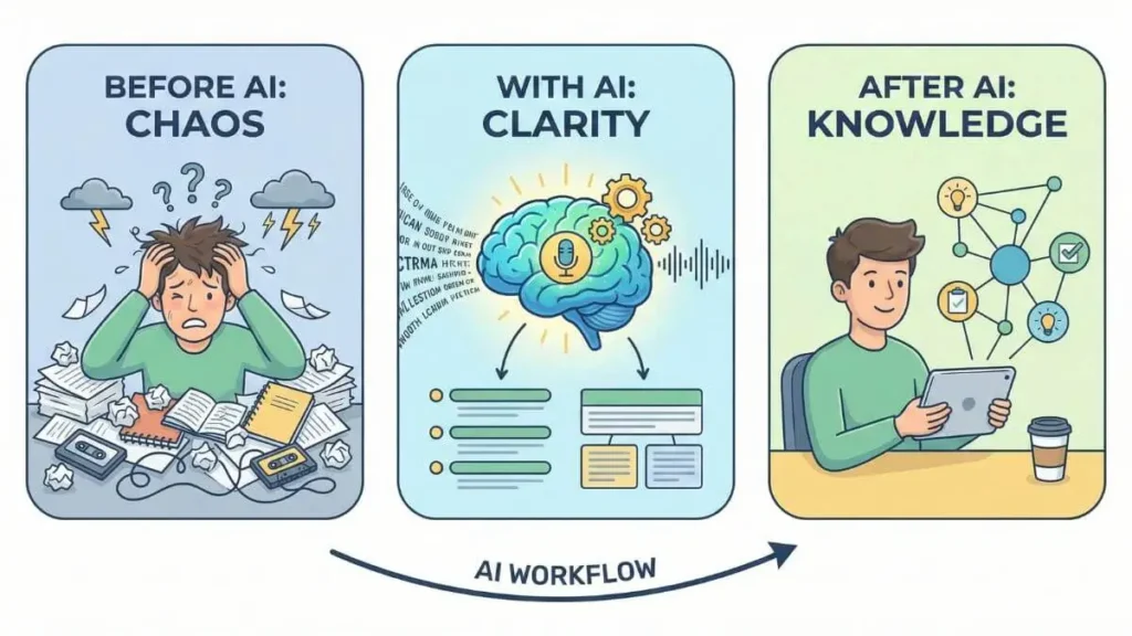 AI note-taking workflow turning scattered information into organized knowledge in three steps