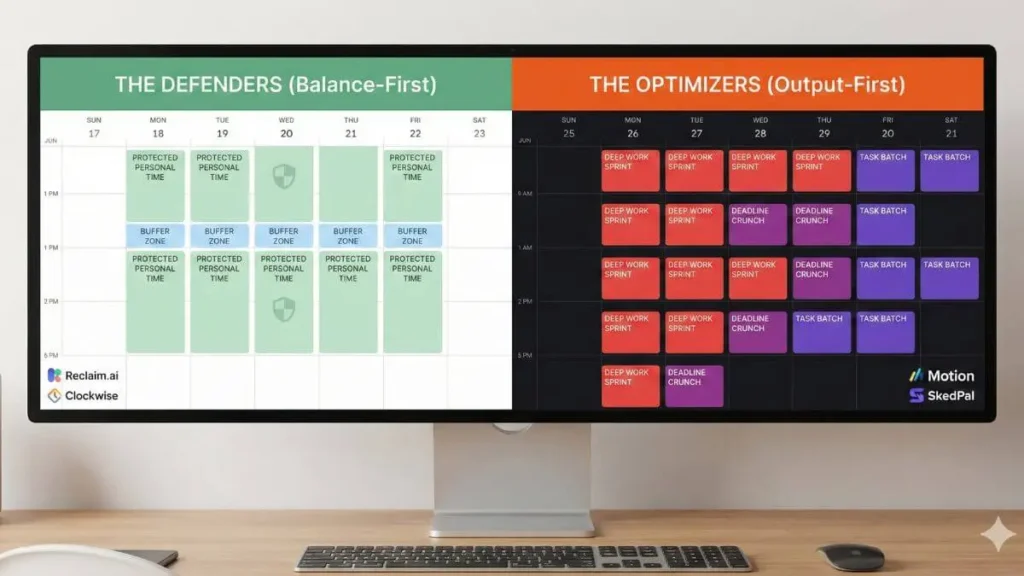 Comparison of AI time blocking tools showing balance-first calendars versus output-first scheduling systems