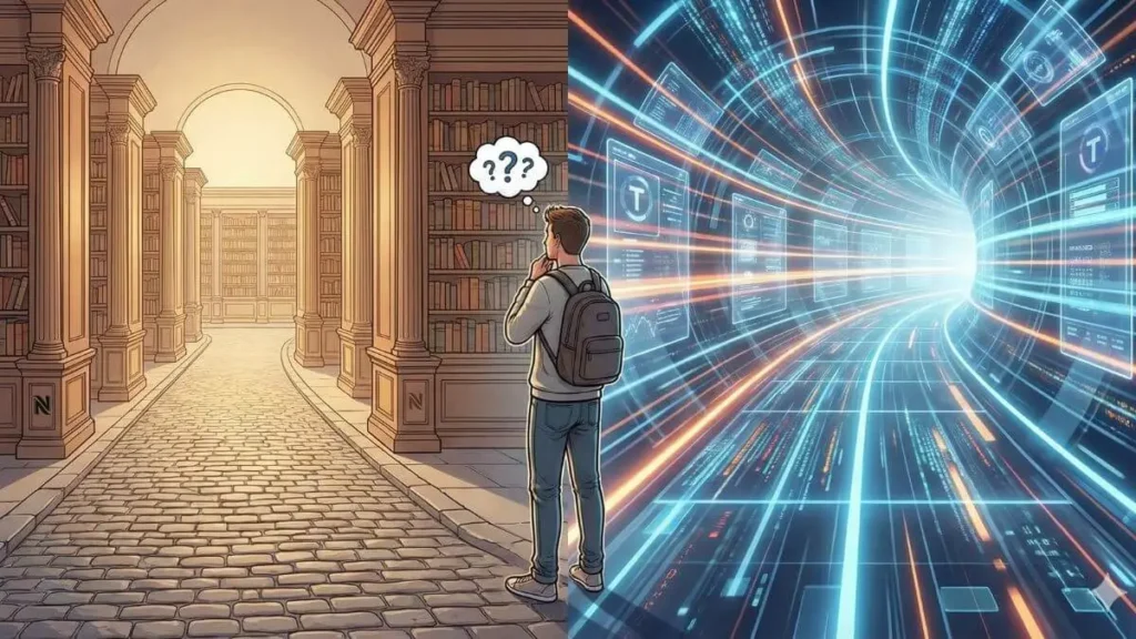 Taskade AI vs Notion AI for productivity illustration showing a user choosing between traditional project management and AI-powered workflow automation
