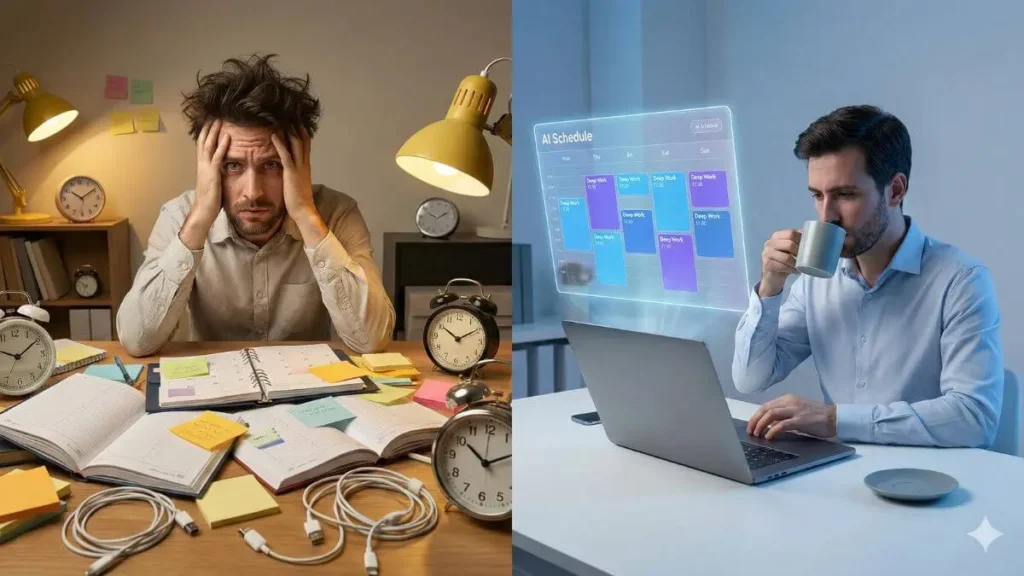 Freelancer overwhelmed by manual scheduling compared to calm workflow with an AI calendar