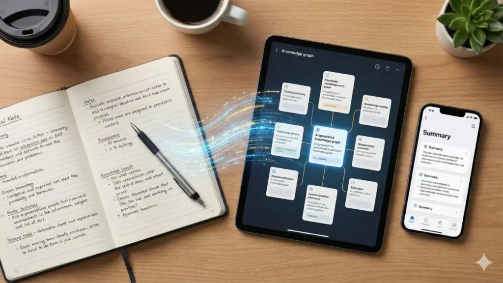 Futurist illustration showing how to use AI to take better notes by connecting digital nodes
