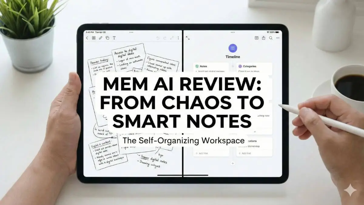 Mem AI Review 2026 featured image showing a digital self-organizing workspace connecting notes automatically