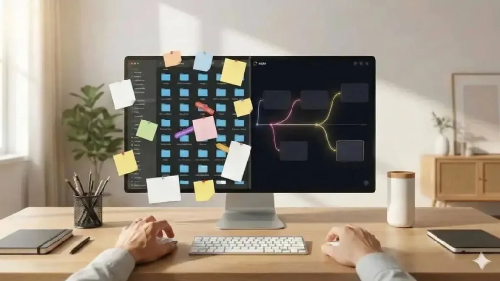 Illustration comparing traditional folder-based systems with Mem AI’s self-organizing workspace, titled “The End of Folder Fatigue”