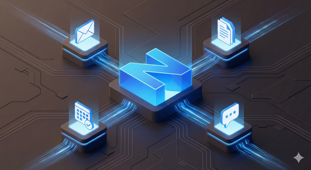 Artificial intelligence workflow showing automated task management across email, documents, calendar, and messaging tools.