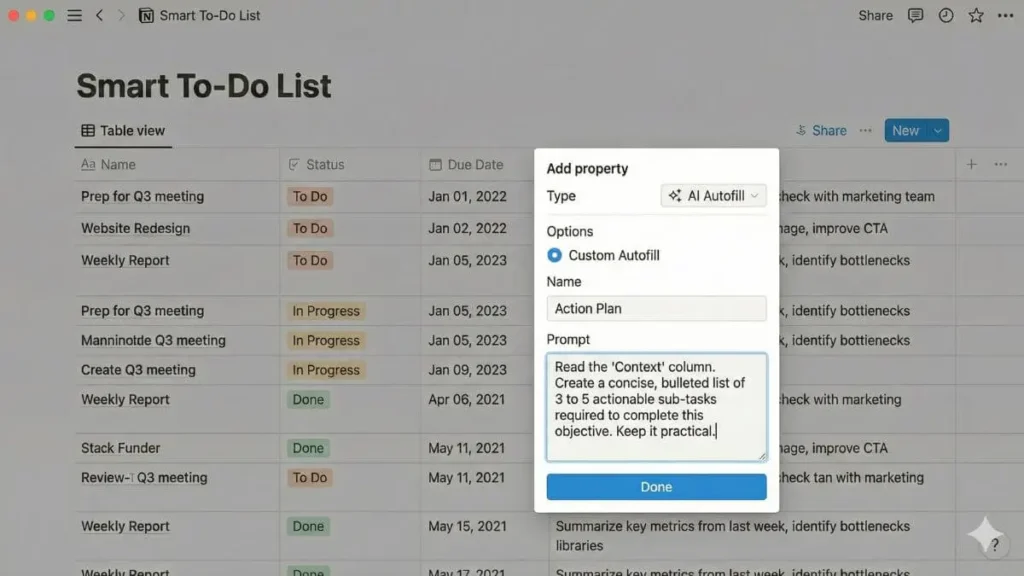 Configuration d'une propriété 'Custom Autofill' dans Notion AI pour générer automatiquement une liste de sous-tâches (Action Plan) basée sur le contexte du projet