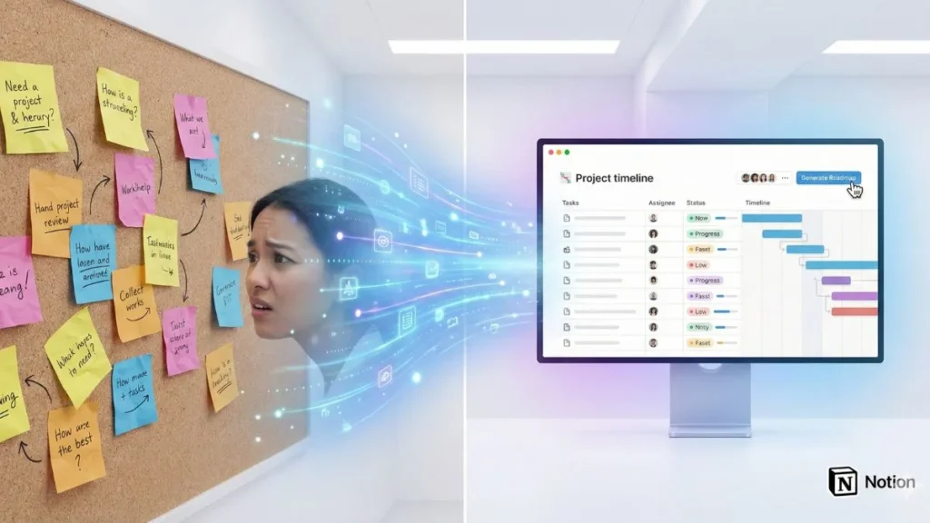 Illustration montrant une femme passant d'un tableau de post-it désordonné à une feuille de route de projet Notion organisée grâce à un flux numérique IA