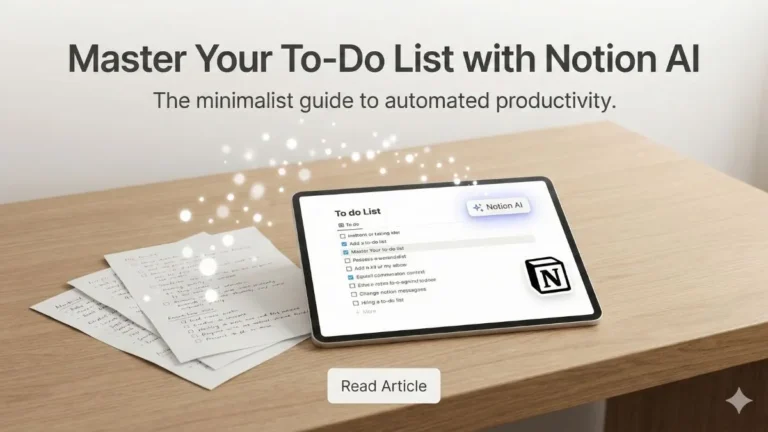 Image à la une de l'article montrant une tablette sur un bureau minimaliste, illustrant Notion AI qui transforme des notes manuscrites en une liste de tâches numériques automatisée. Le titre indique "Master Your To-Do List with Notion AI".