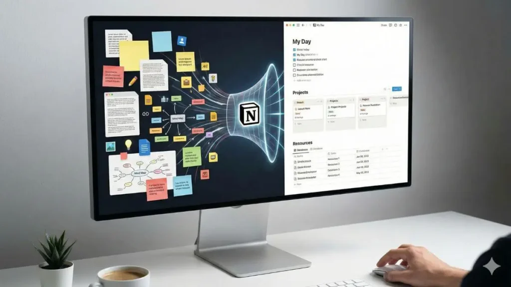 Notion templates for productivity showing a structured system with tasks, projects, and resources
