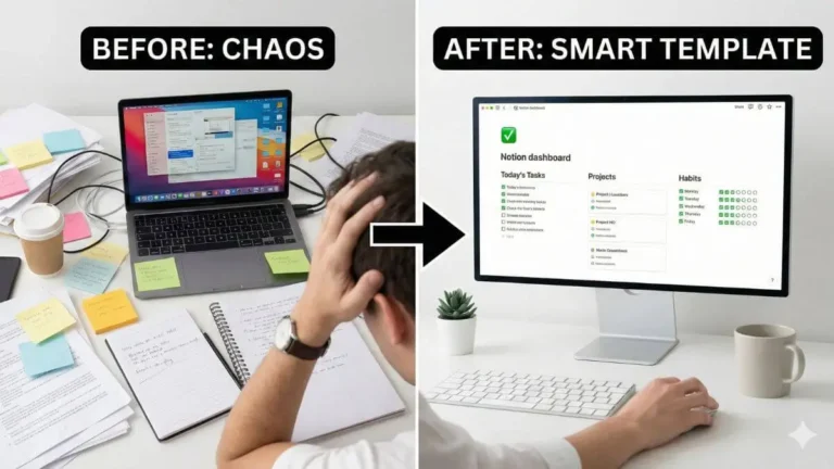 Before and after comparison showing how Notion templates for productivity transform chaotic workflows into smart systems