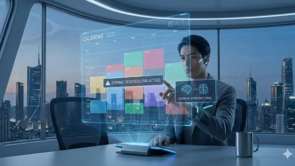 Smart AI calendar interface showing dynamic rescheduling and learning work patterns in a futuristic office environment
