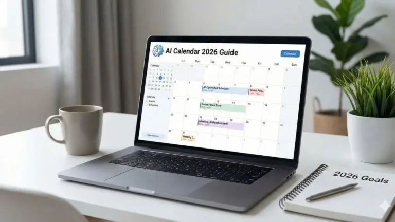 Smart AI calendar interface organizing daily tasks and focus time in a modern workspace, representing AI productivity