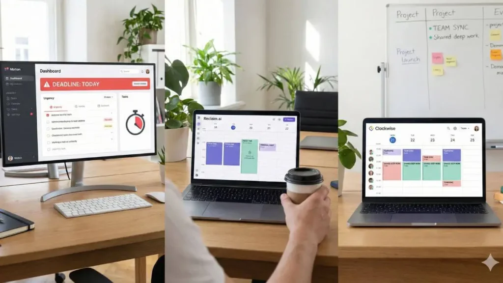 Comparison of smart AI calendar tools showing Motion, Reclaim, and Clockwise dashboards for automated scheduling and team planning
