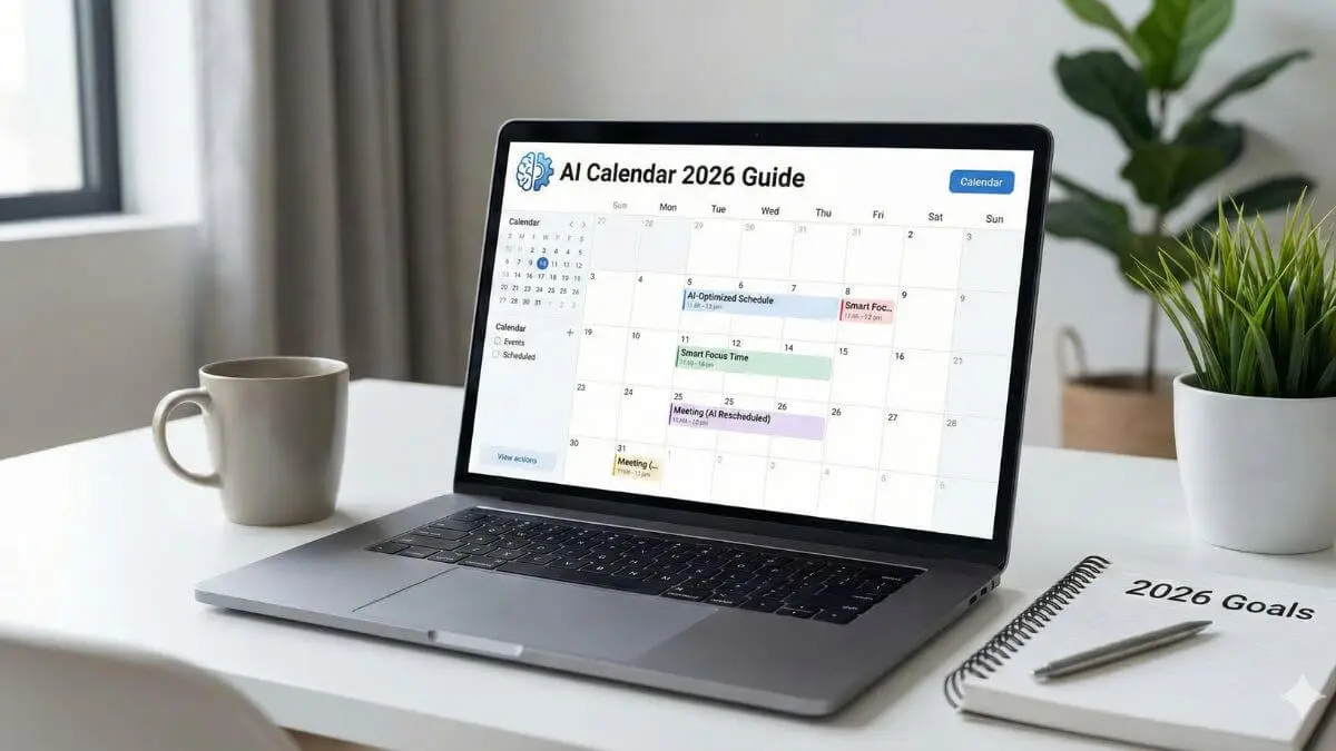 Smart AI calendar interface organizing daily tasks and focus time in a modern workspace, representing AI productivity