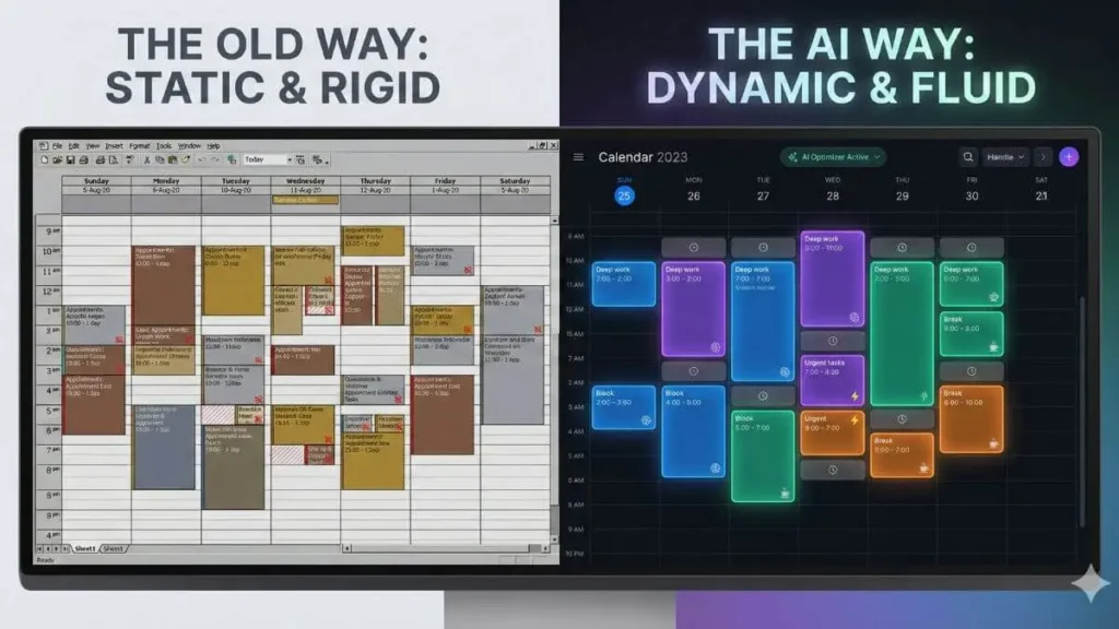 Static calendar compared to AI time blocking with dynamic scheduling and deep work organization
