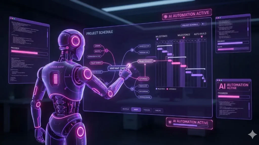 Interface futuriste montrant un agent autonome Taskade Genesis en train de construire automatiquement un flux de travail et une mind map.