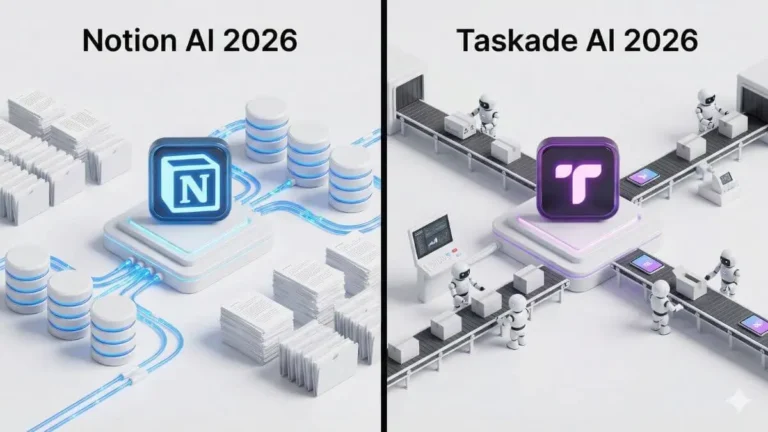 Taskade AI vs Notion AI for productivity comparison showing automated workflows and AI-powered project management in 2026