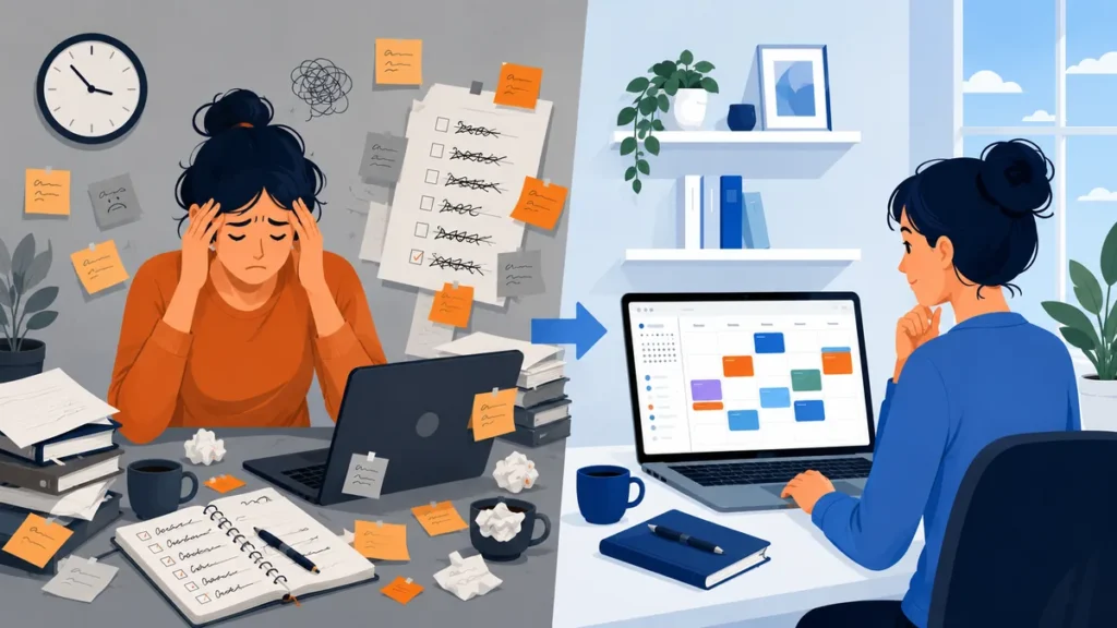 split illustration comparing a messy hand-written weekly plan with an organized ai-generated weekly calendar