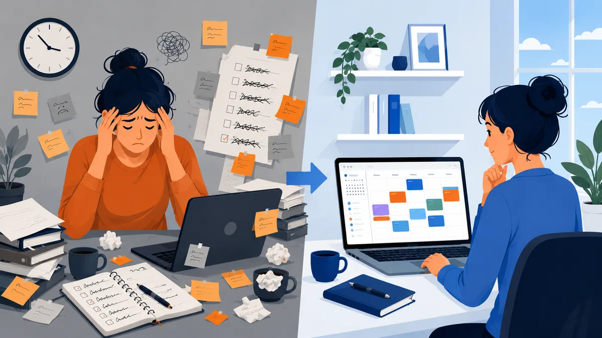 split illustration comparing a messy hand-written weekly plan with an organized ai-generated weekly calendar