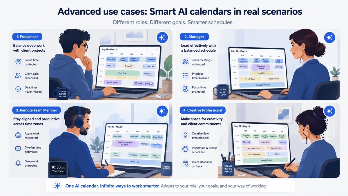 four advanced use cases for smart AI calendar tools: freelancers, managers, remote teams, and creative work