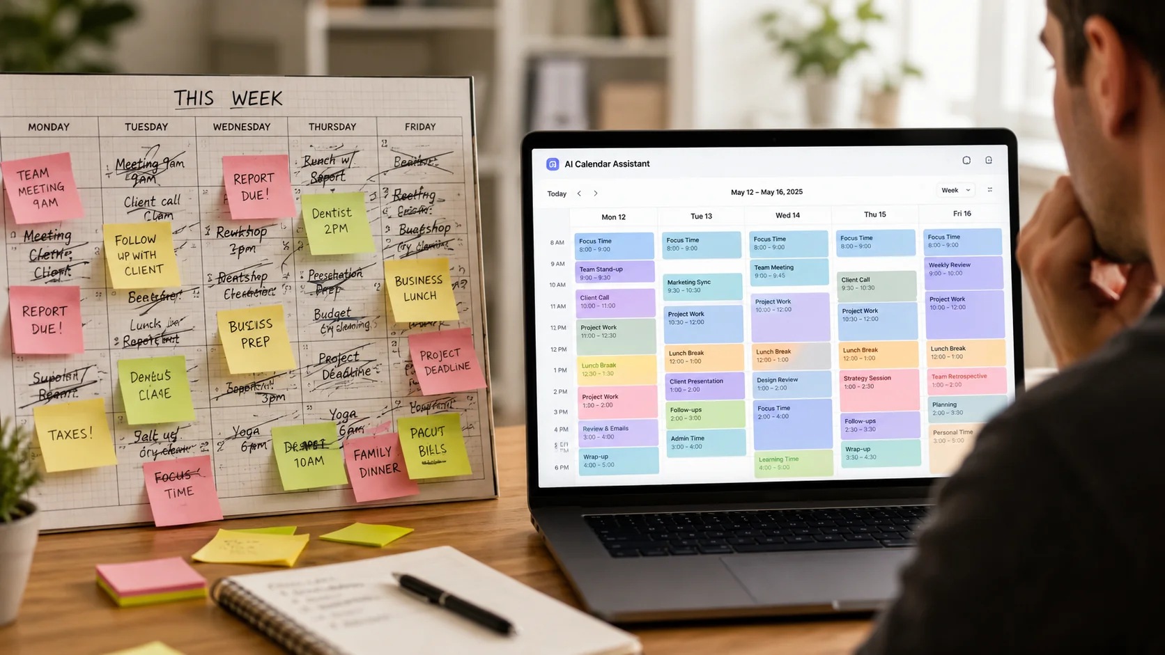 busy professional's chaotic calendar being reorganized by an AI calendar tool into clean color-coded time blocks