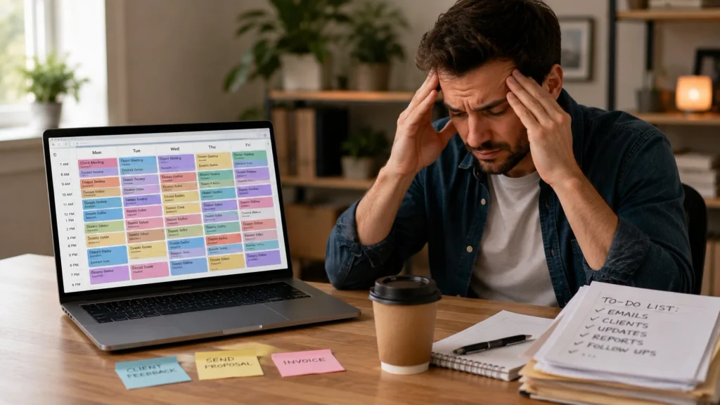 Overstuffed weekly calendar packed with too many tasks, illustrating a common AI scheduling mistake