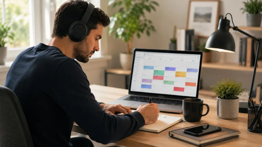 Freelancer working inside a deep work block that an AI calendar automatically protects from meetings