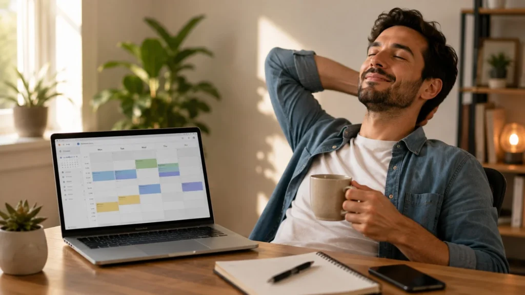 Freelancer feeling calm and in control after an AI calendar automated the daily schedule