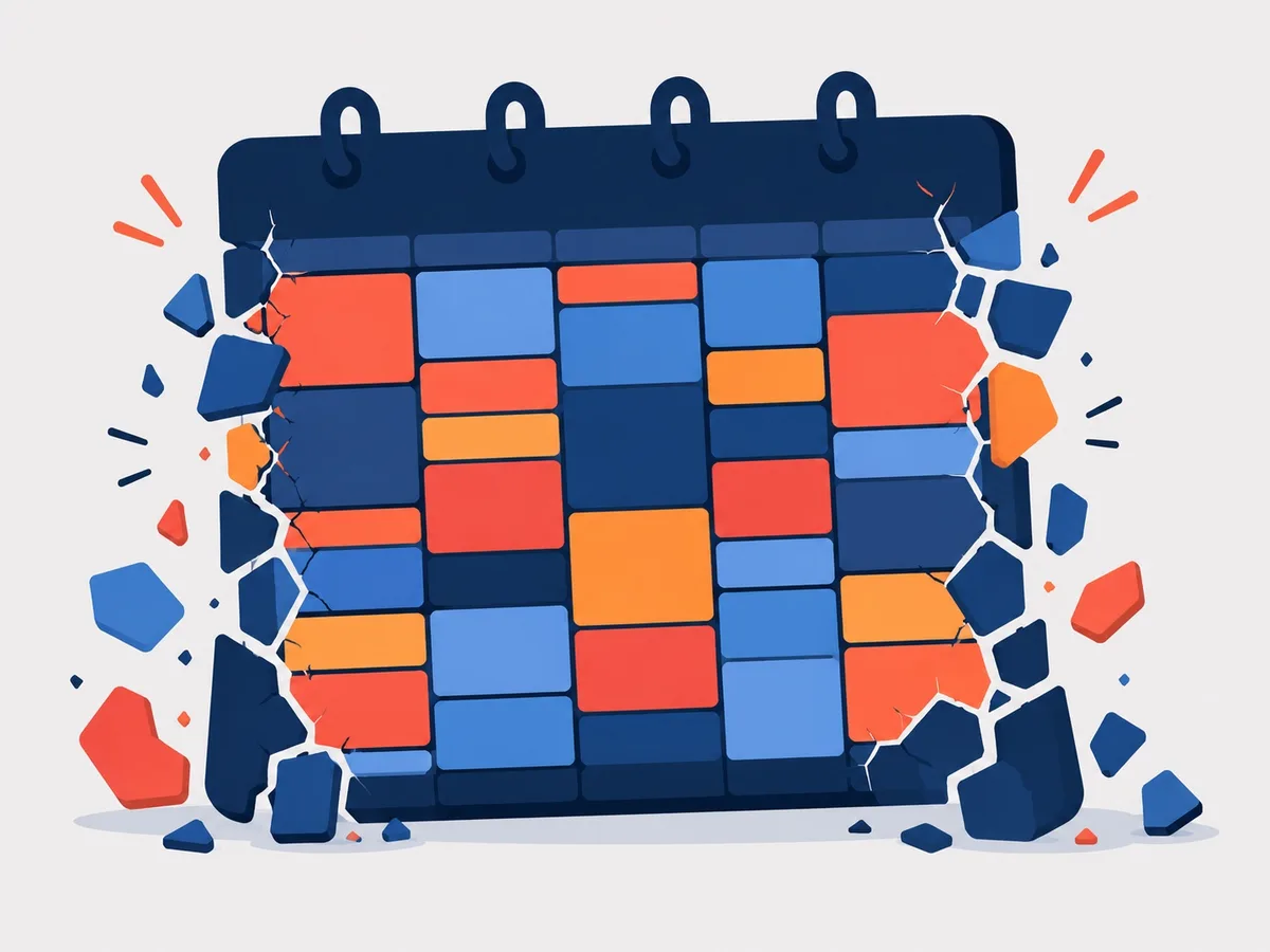 overloaded weekly calendar with no buffer time, breaking apart to symbolize common ai planning mistakes