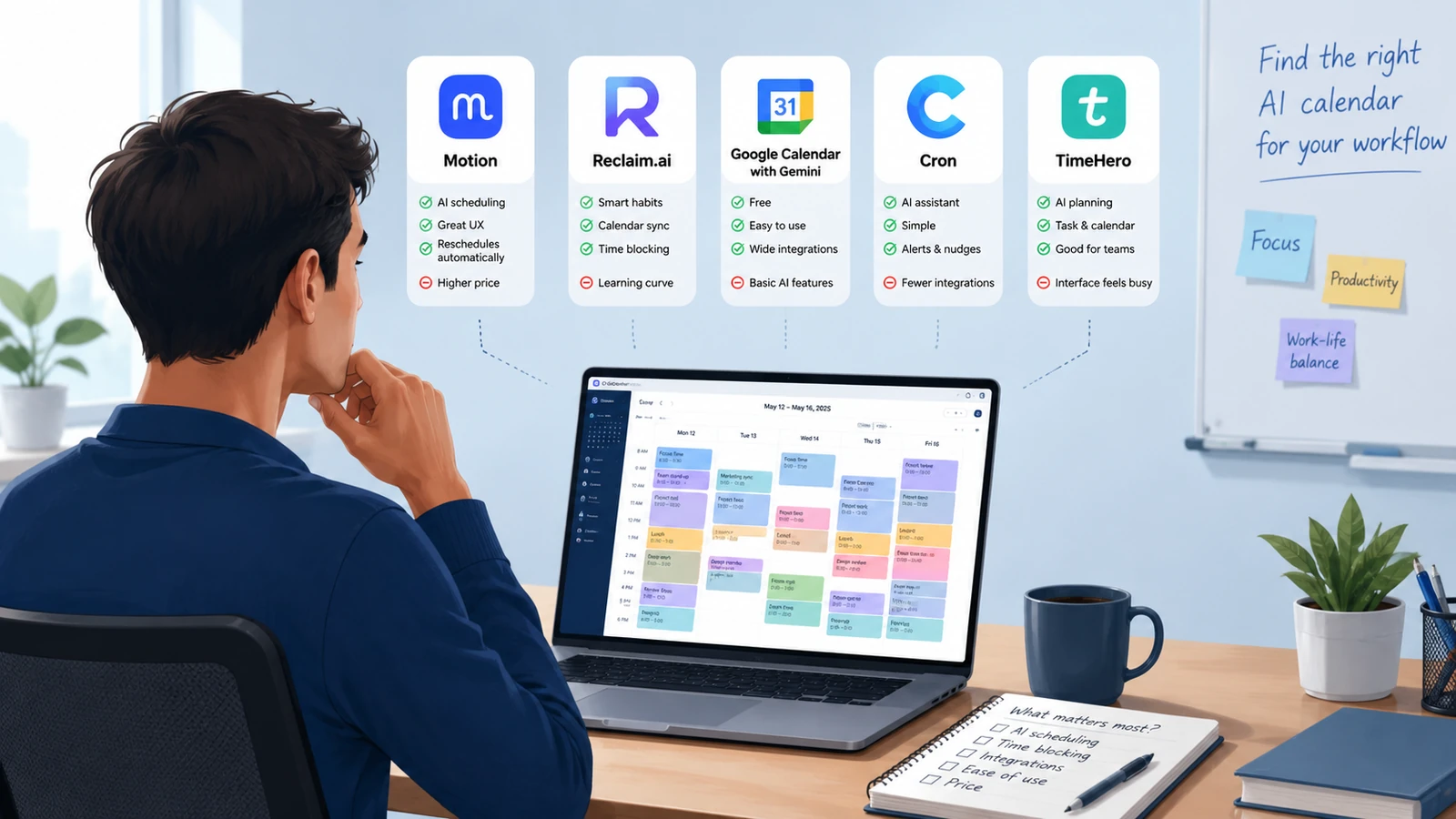 professional comparing different AI calendar tools to choose the right one for their workflow