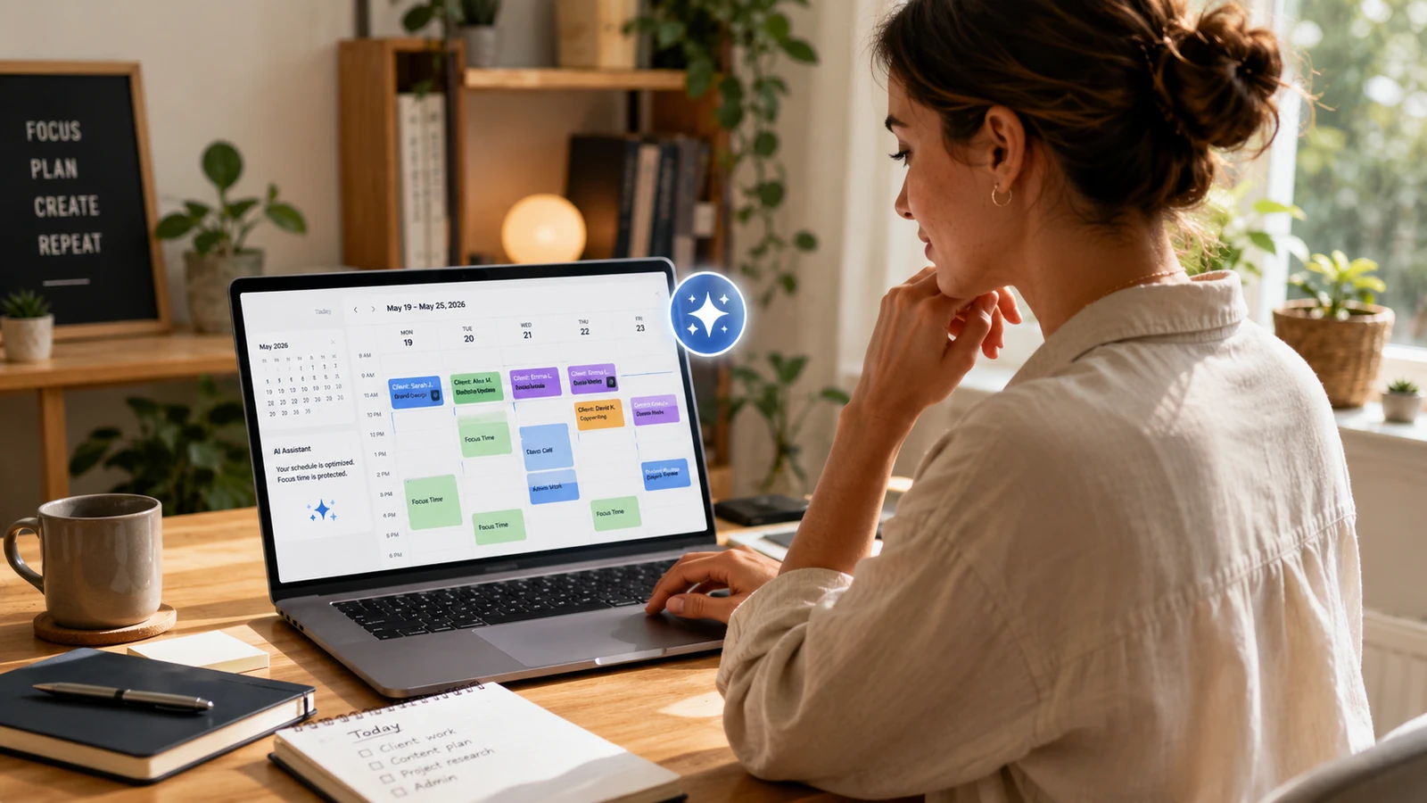 freelancer calmly managing multiple clients through an AI-organized calendar