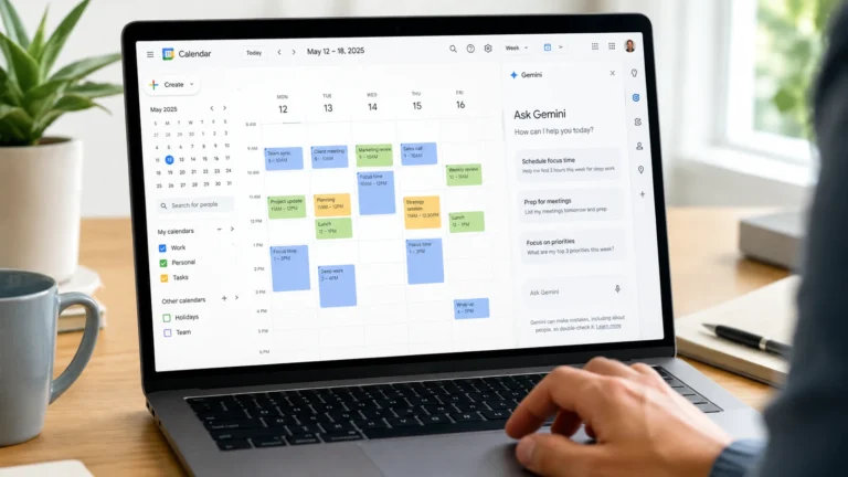 Google Calendar AI features shown through the Ask Gemini side panel on a laptop