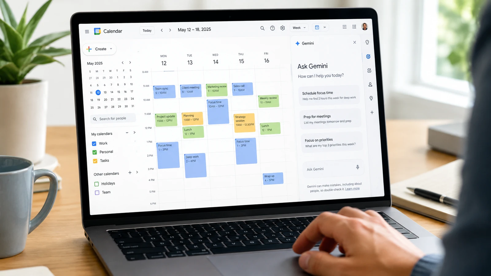 Google Calendar AI features shown through the Ask Gemini side panel on a laptop