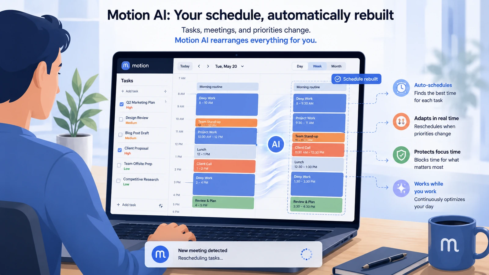 Motion AI automatically rebuilding a schedule as tasks and meetings change