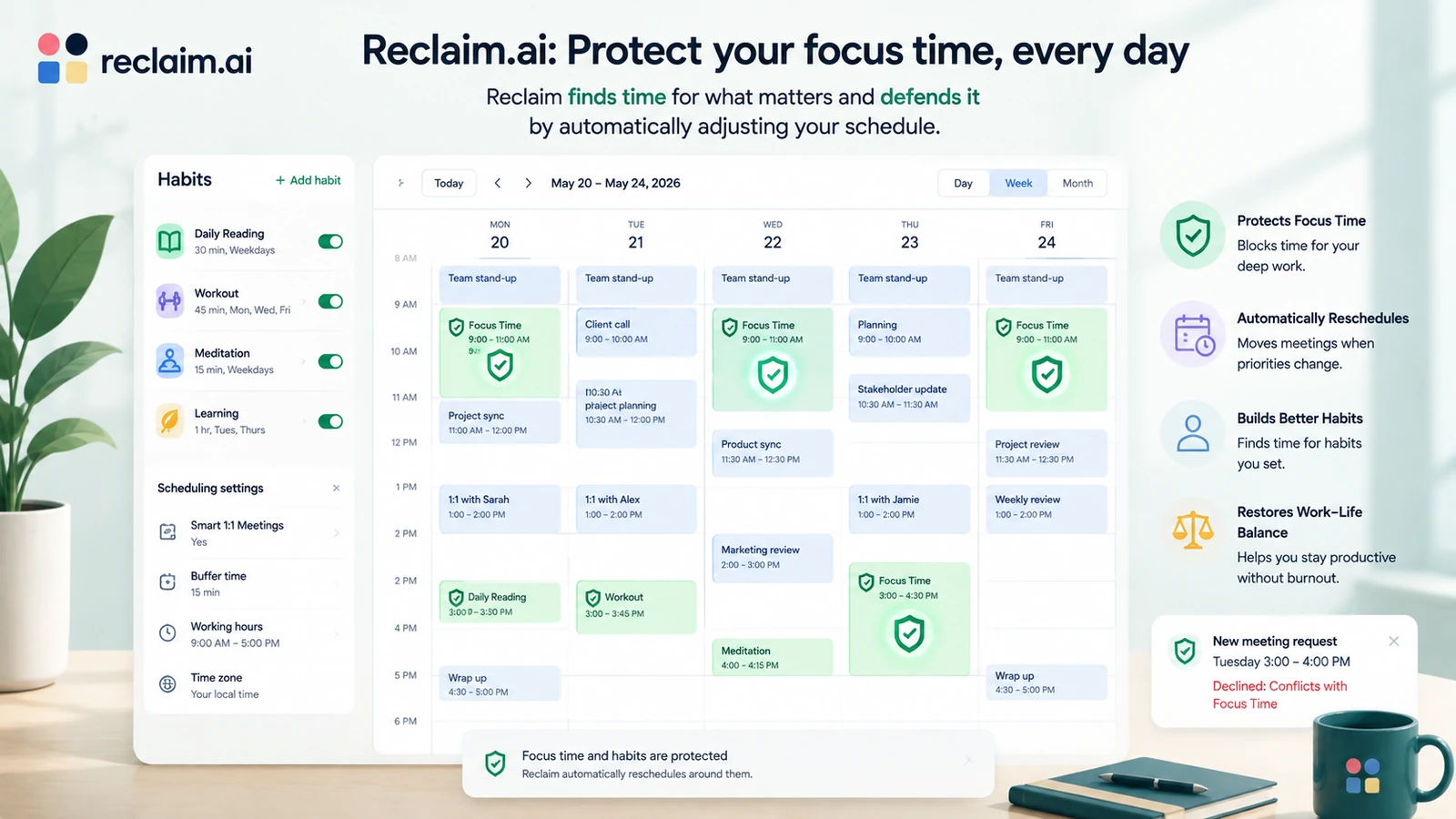 Reclaim.ai shielding focus time and habits from being overbooked
